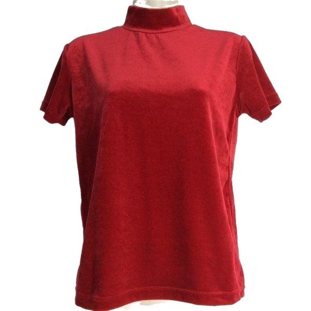 4/$25 Vintage All Points Velour Top Red Mock Neck Short Sleeve Retro Y2K Women M